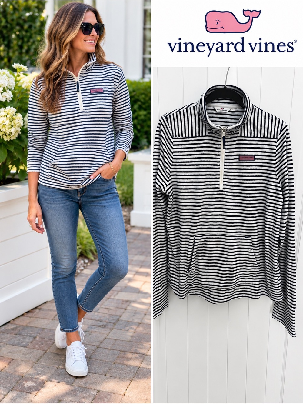 Vineyard Vines Navy & White Striped Terry 3/4 Zip Pullover
